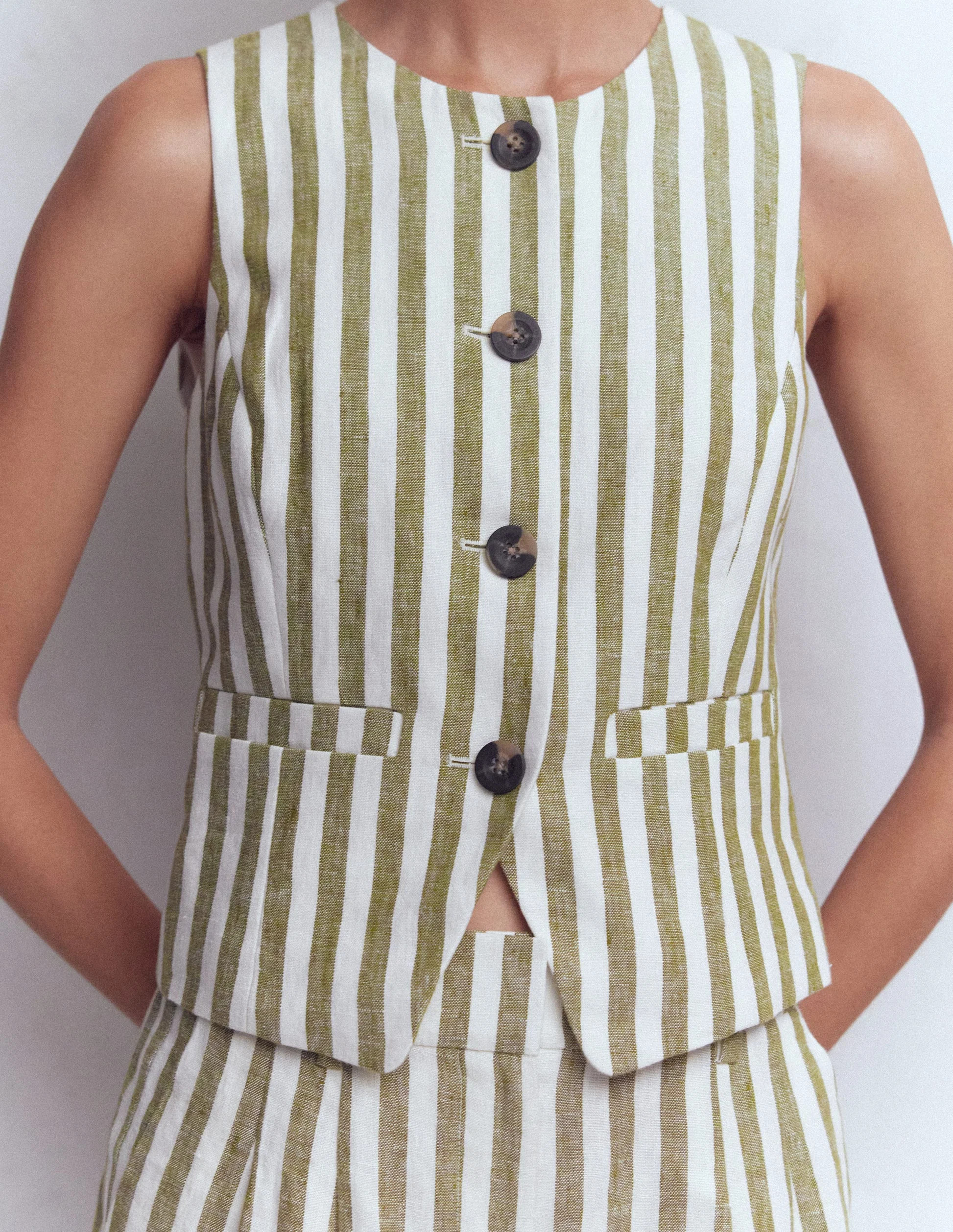 Linen Scoop Neck Waistcoat-Olive, Ivory Stripe | Boden UK
