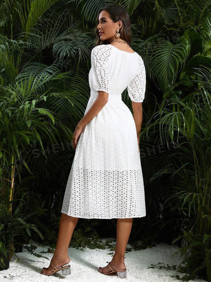 SHEIN VCAY Solid Color Hollow Out Embroidery Short Sleeve Dress | SHEIN