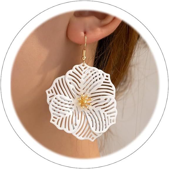 White Flower Earrings for Women Spring Earrings Gold Flower Hoop Earrings Daisy Camellia Floral P... | Amazon (US)