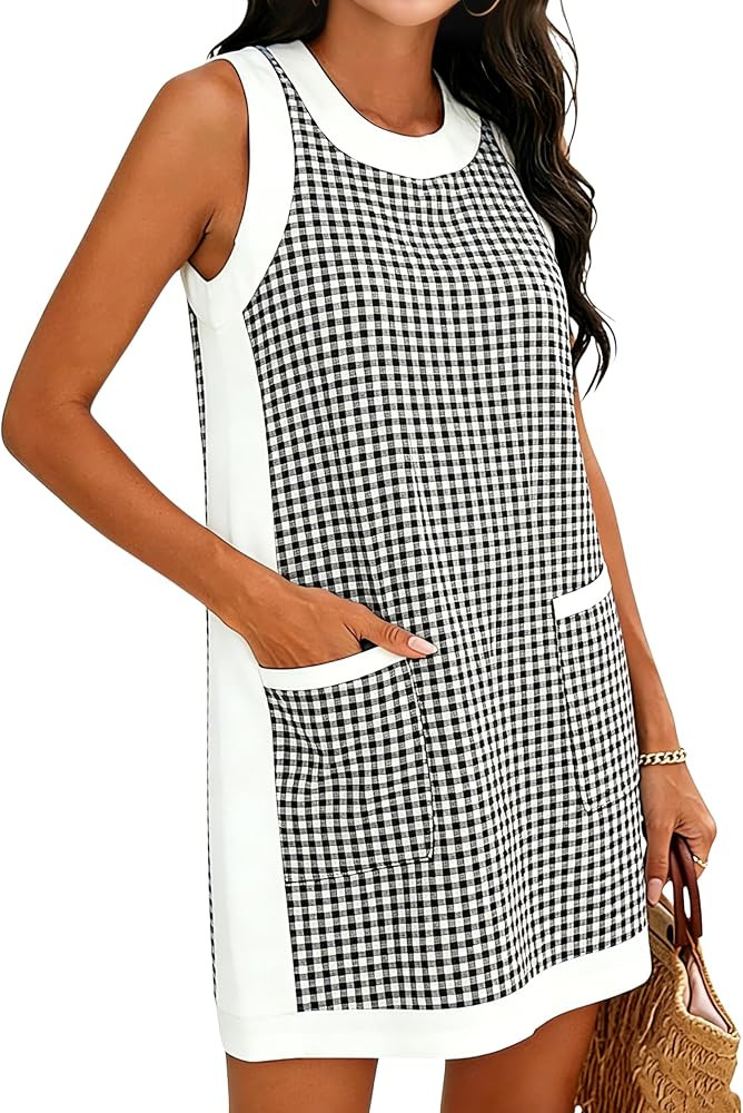 Fiona Jolin Women's Summer Plaid Color Block Mini Dress Crewneck Tank Dress Beach Coverups Sundre... | Amazon (US)