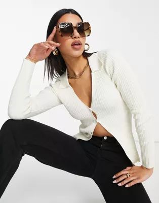 ASOS DESIGN jumper with button placket and collar detail in cream | ASOS (Global)