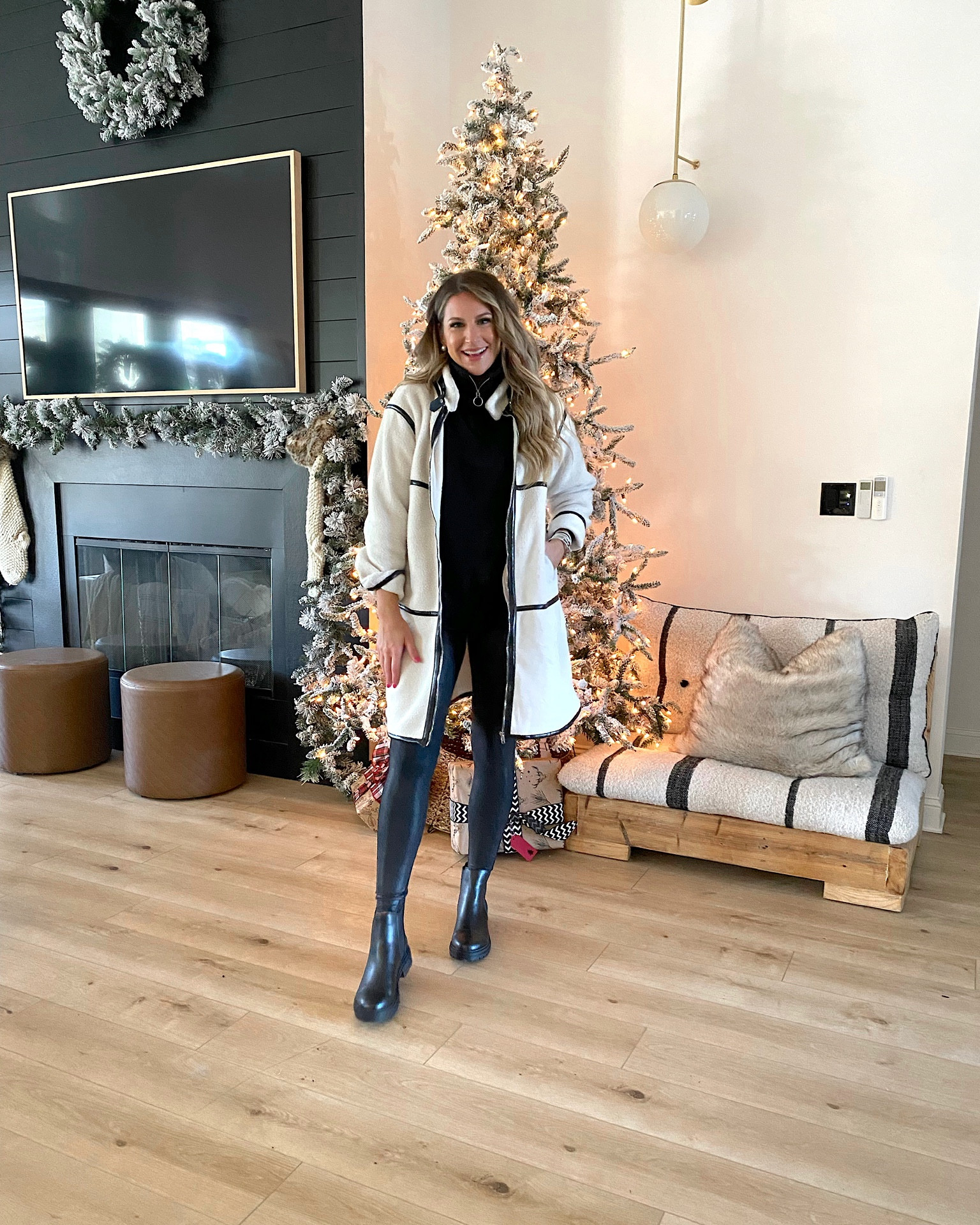 In a medium long sherpa coat, pullover zip sweater and leggings for winter from Amazon - all fits TTS.

#LTKunder50 #LTKstyletip #LTKSeasonal