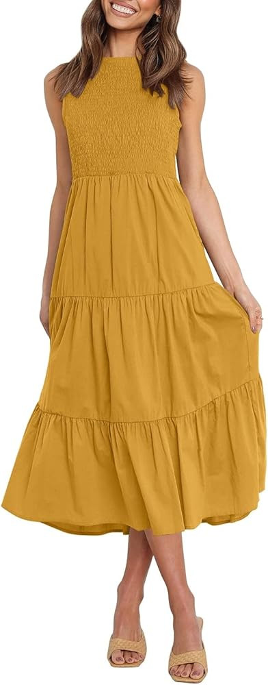 ZESICA Women's 2023 Summer Casual Sleeveless Crew Neck Smocked High Waist Flowy Tiered A Line Midi D | Amazon (US)