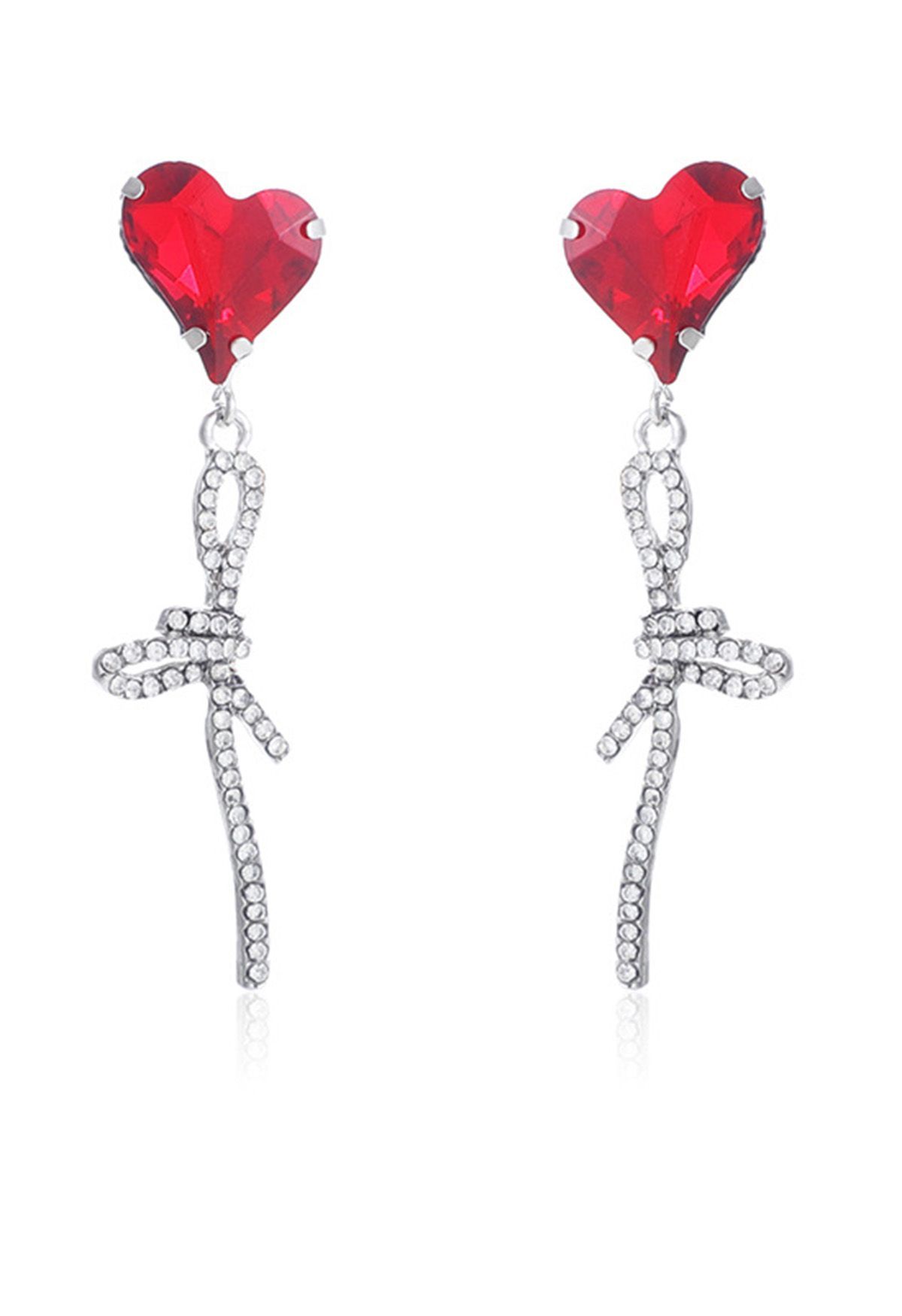 Red Heart Bowknot Rhinestone Earrings | Chicwish