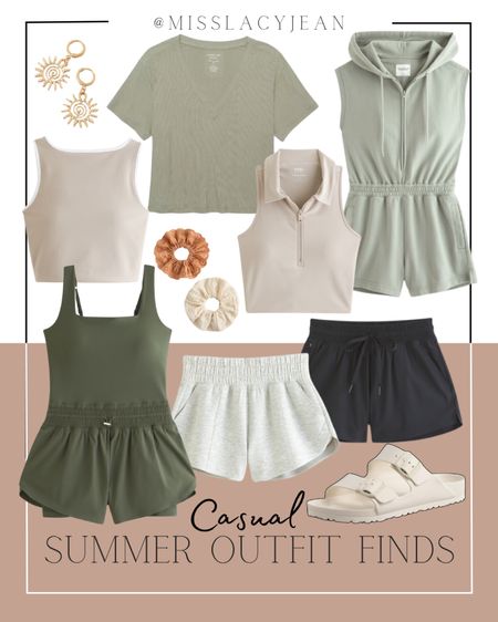 Casual summer outfits include romper, cropped tee, cropped tank, collared tank, romper, shorts, sandals, earrings, scrunchies.

Casual summer outfit, summer finds, summer romper, summer shorts, exercise finds

#LTKShoeCrush #LTKStyleTip #LTKFindsUnder100