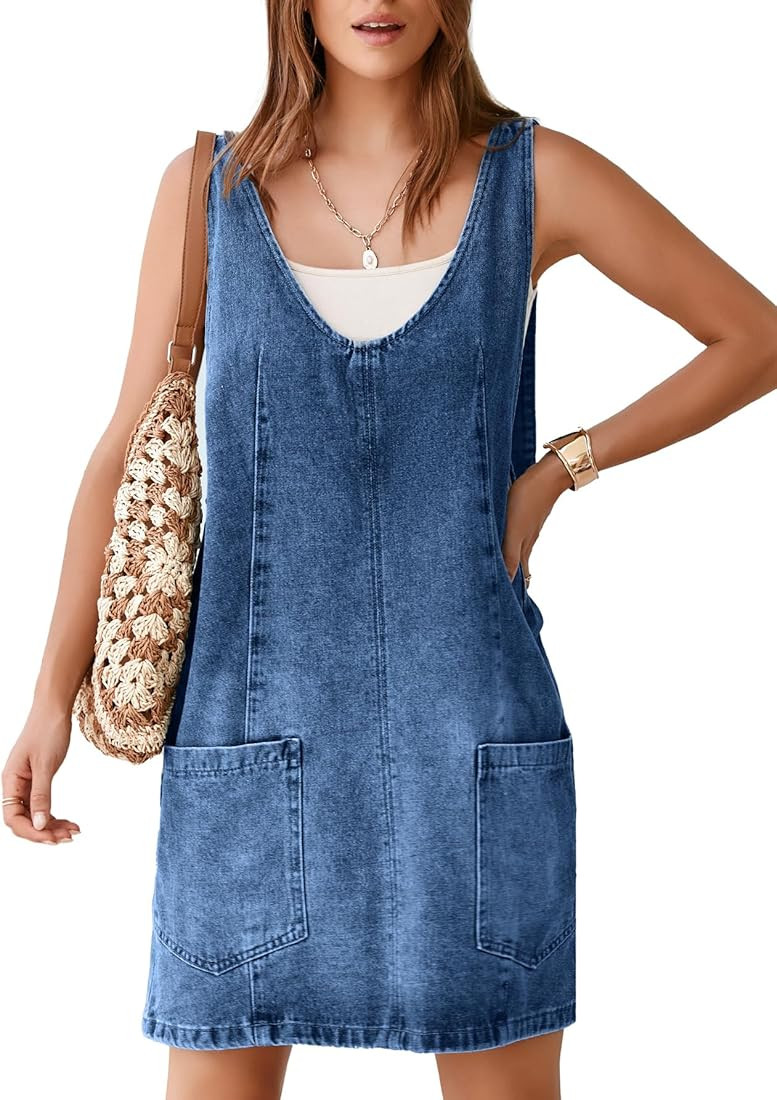 BerryGo Women's Denim V Neck Sleeveless Overall Dress Casual Mini Pinafore Dress Short Jumper Jea... | Amazon (US)