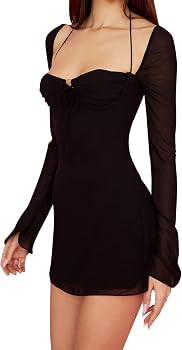 Zebaexf Women's Mesh Dress Long Puff Sleeve Mini Bodycon Sweet Neck Party Mini Dresses for Women | Amazon (US)
