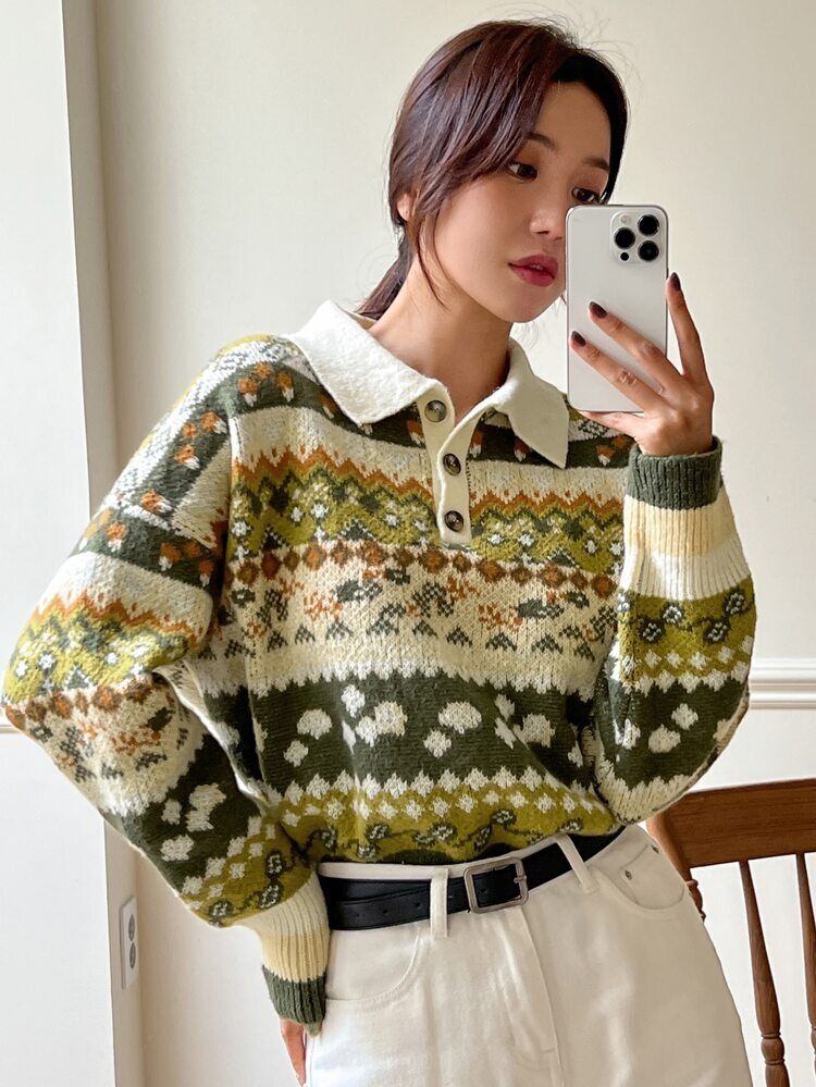 DAZY Geo Pattern Polo Neck Drop Shoulder Sweater | SHEIN