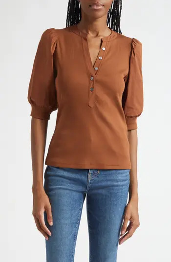 Veronica Beard Coralee Puff Sleeve Mixed Media Henley Top | Nordstrom | Nordstrom