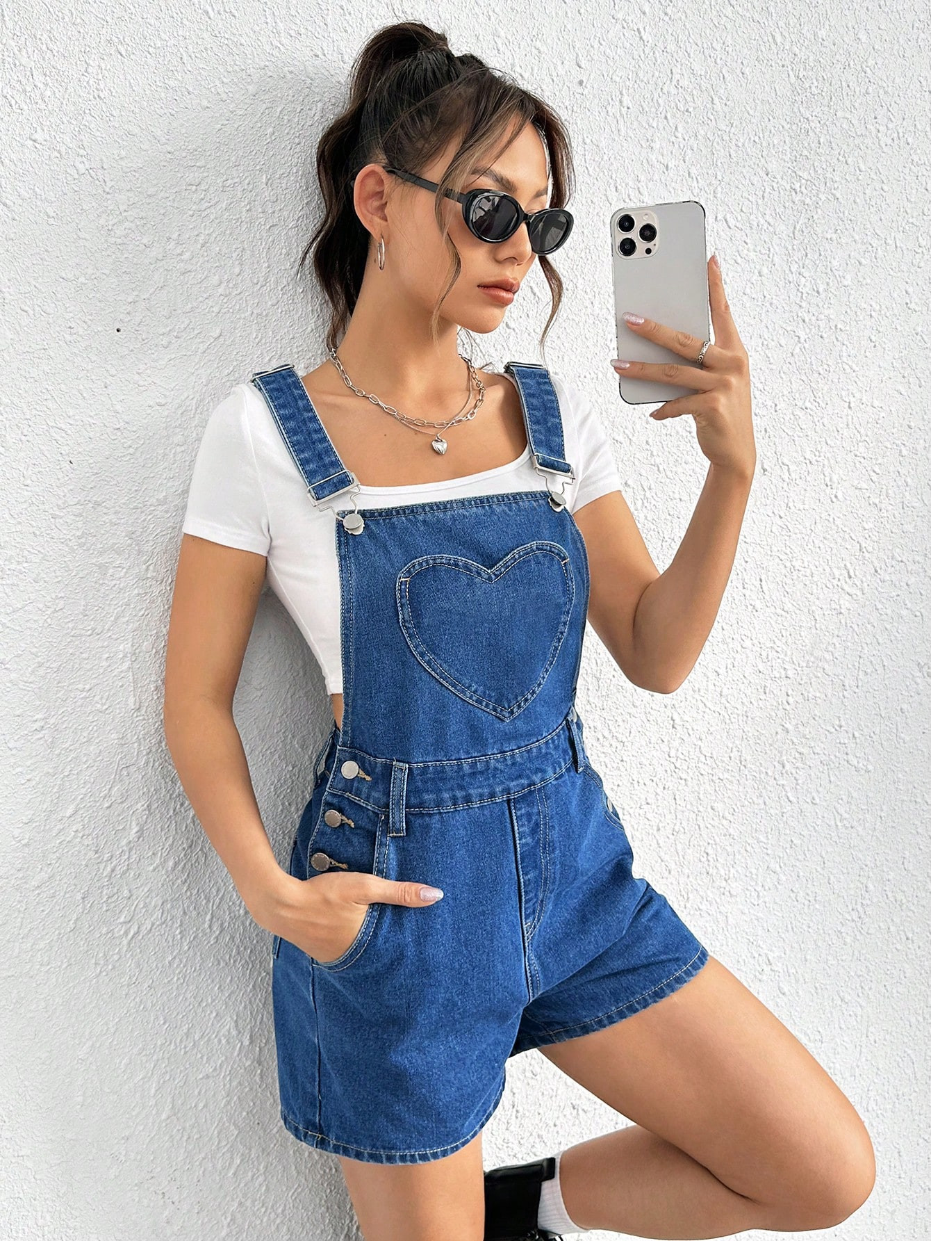 SHEIN EZwear Heart Patched Denim Overall Romper Without Tee | SHEIN