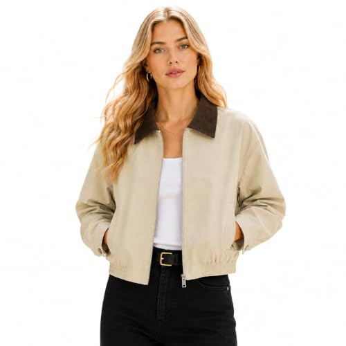Orolay Women’s Cropped Barn Jacket with Corduroy Collar - Utility Workwear Coat - Lightweight Fall & Spring Transition Jacket | Amazon (US)