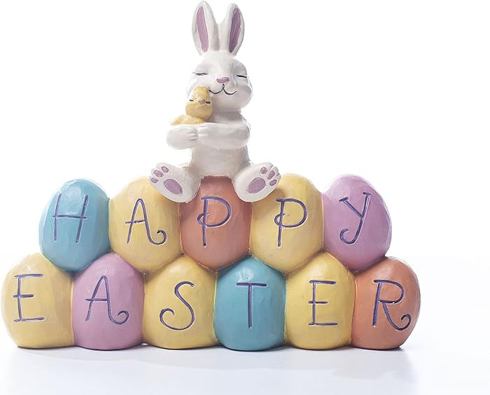 Resin Easter Bunny Figurine Hand-Painted Happy Rabbit Statue Cream Bunny with Eggs Sculpted for F... | Amazon (US)