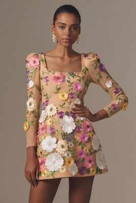 Helsi Ellen Puff-Sleeve 3D Floral A-Line Mini Dress | Anthropologie (US)
