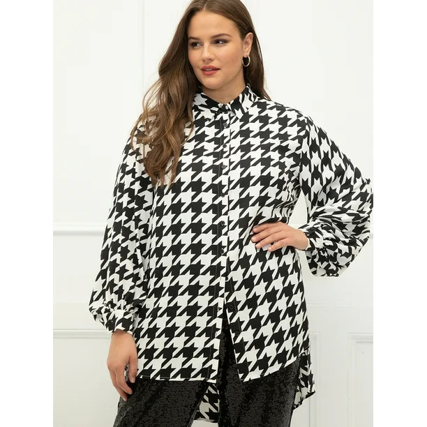 ELOQUII Elements Plus Size Houndstooth Tunic Top with Poet Sleeves - Walmart.com | Walmart (US)