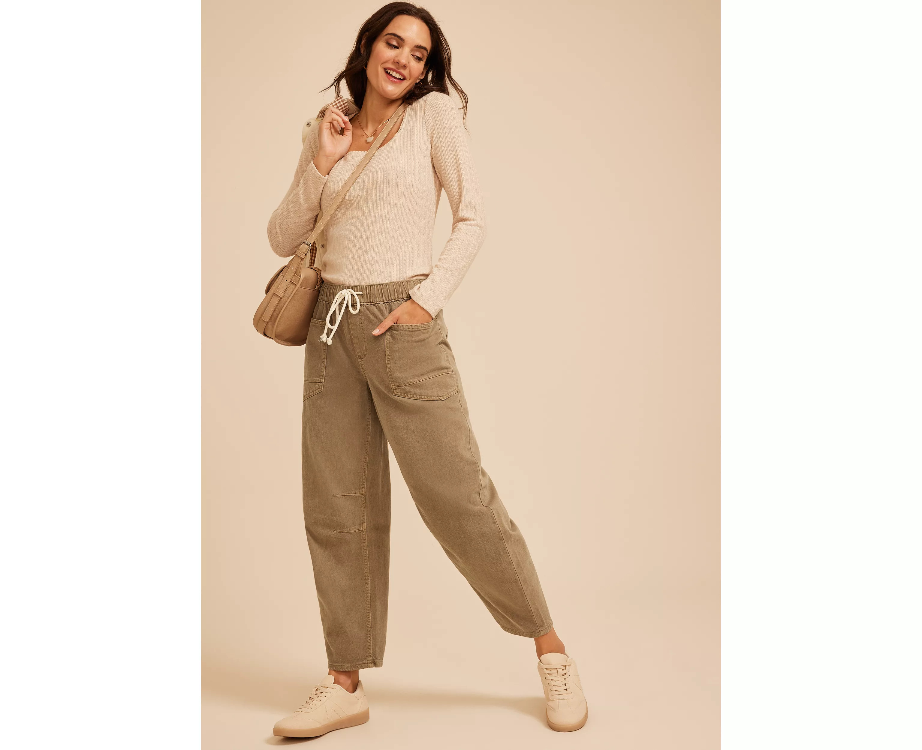 High Rise Tan Tie Waist Pull On Barrel Jean | maurices | Maurices