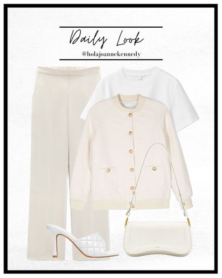 Cream outfit, neutral outfit, spring summer outfit, cream trousers, cream tweed bomber jacket, white t shirt, white quilted mules, cream jw pei bag 

#LTKspring #LTKeurope #LTKuk