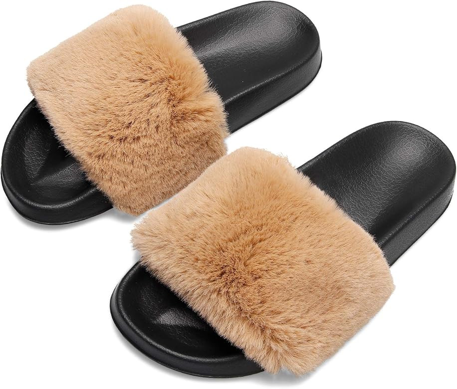 Womens Furry Slippers Open Toe Indoor Outdoor House Casual Flat Slides Sandals | Amazon (US)