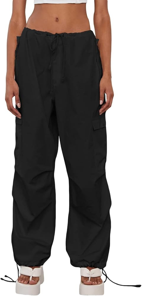 WOBONIU Women Low Waist Baggy Cargo Pants Indie Aesthetic Drawstring Loose Pocket Jogger Trousers Hi | Amazon (US)