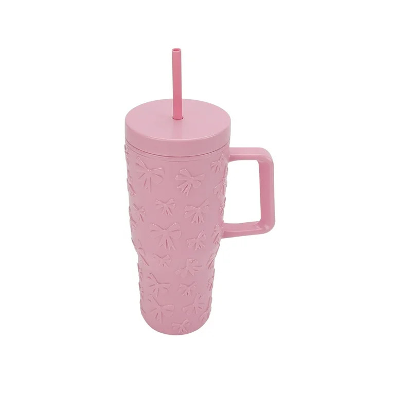 30 Ounce Pink Acrylic Double Wall Embossed Bows Tumbler with Straw and Handle, by Holiday Time | Walmart (US)