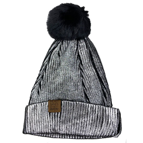 Metallic Silver Snap Pom Pom Beanie | Headbands of Hope