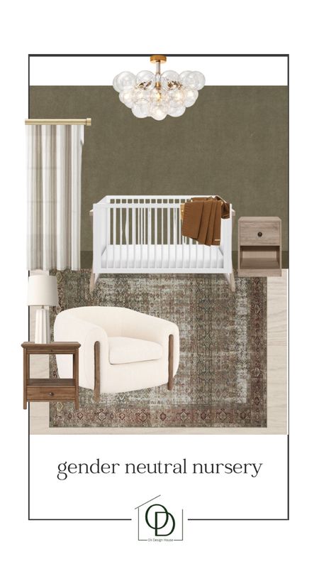 Gender neutral nursery mood board. 

White crib, modern white and wood crib, farmhouse crib, brass bubble light, gold ceiling light with baubles, brass curtain rod, striped linen curtains, natural wood nightstand, nightstand with 1 drawer, wood end table, scalloped white table lamp, rust coloured muslin baby blanket, amber Lewis x loloi area rug, oversized white Boucle accent chair with wood legs

Modern organic nursery, moody nursery, moody home design, modern organic home decor

#LTKbump #LTKFind #LTKhome