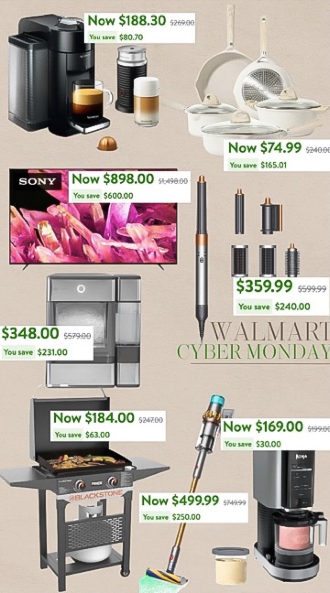 Cyber Monday Walmart deals 
Dyson airwrap dale
Sony tv
Nugget ice maker
Dyson stick vacuum
Ninja creami 
Nespresso coffee


@walmart #WalmartPartner #WalmartFinds #IYWYK #LauraBeverlin 

#LTKfindsunder50 #LTKsalealert #LTKCyberWeek