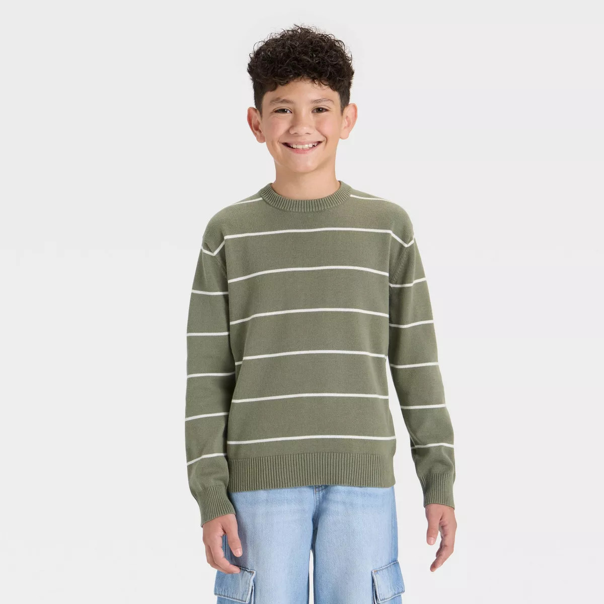 Boys' Striped Pullover Sweater - Cat & Jack™ Olive Green/Cream | Target