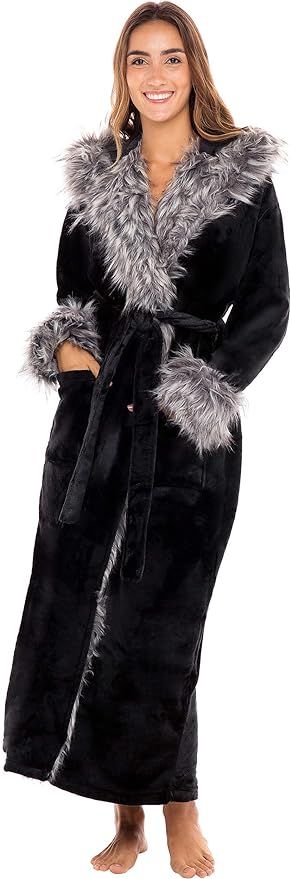 Alexander Del Rossa Women's Warm Fleece Robe with Hood, Long Plush Bathrobe, 5X-6X Black with Leo... | Amazon (US)