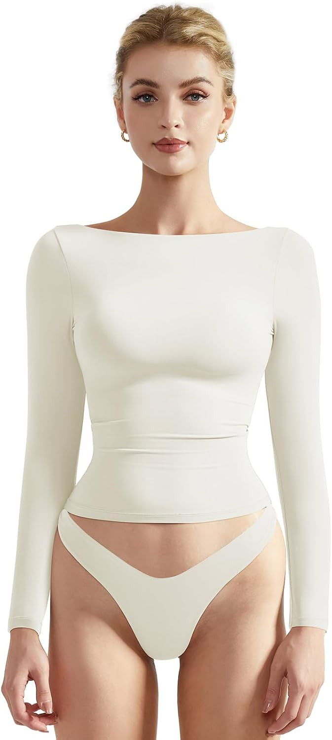 SUUKSESS Women Long Sleeve Shirts Double Lined Crew Neck Fitted Crop Top | Amazon (US)