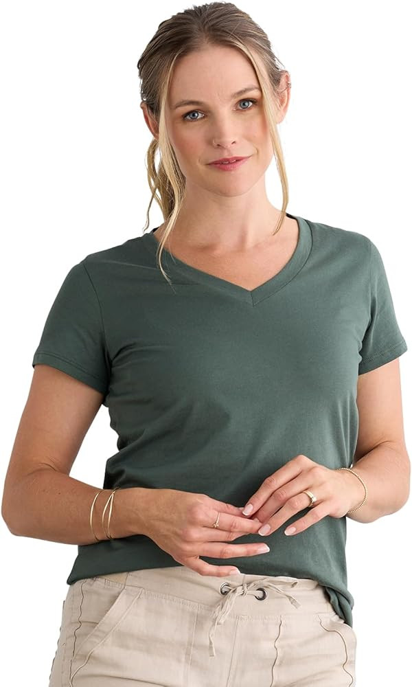 Fair Indigo Women's 100% Organic Pima Cotton Relaxed Short Sleeve V-Neck T-Shirt | Amazon (US)