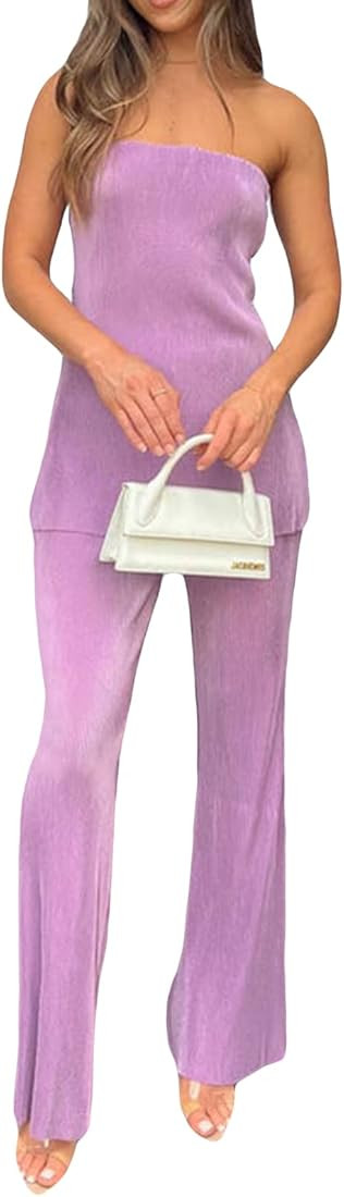 NUFIWI Womens Sexy 2 Piece Pants Set Strapless Off Shoulder Tube Tops Pleated Wide Leg Pants Y2k ... | Amazon (US)