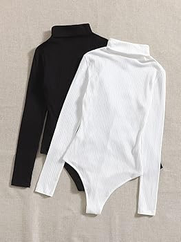 Floerns Women's 2 Piece Turtleneck Long Sleeve Ribbed Knit Bodysuit T Shirt Tops | Amazon (US)