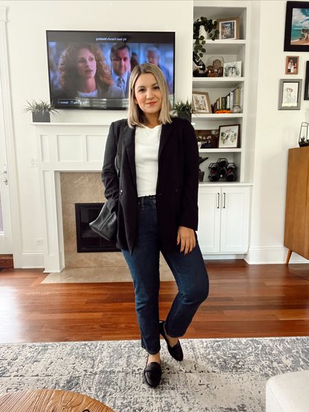 Blazer - runs slightly oversized, I got XS / Tee - old but linked similar! / Straight Leg Jeans - runs true to size in petite, standard, tall and plus. I’m between a 26 and 27 and I went with 27. / Loafers - 30% off! Runs small, size up half a size. / Bag - old but linked similar! 

#LTKSeasonal #LTKunder100 #LTKsalealert