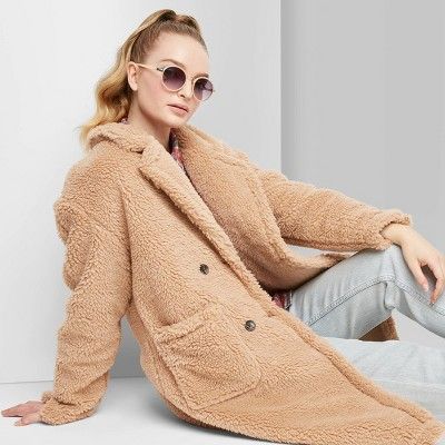 Women's Long Sleeve Button-Front Sherpa Pea Coat - Wild Fable™ Tan | Target