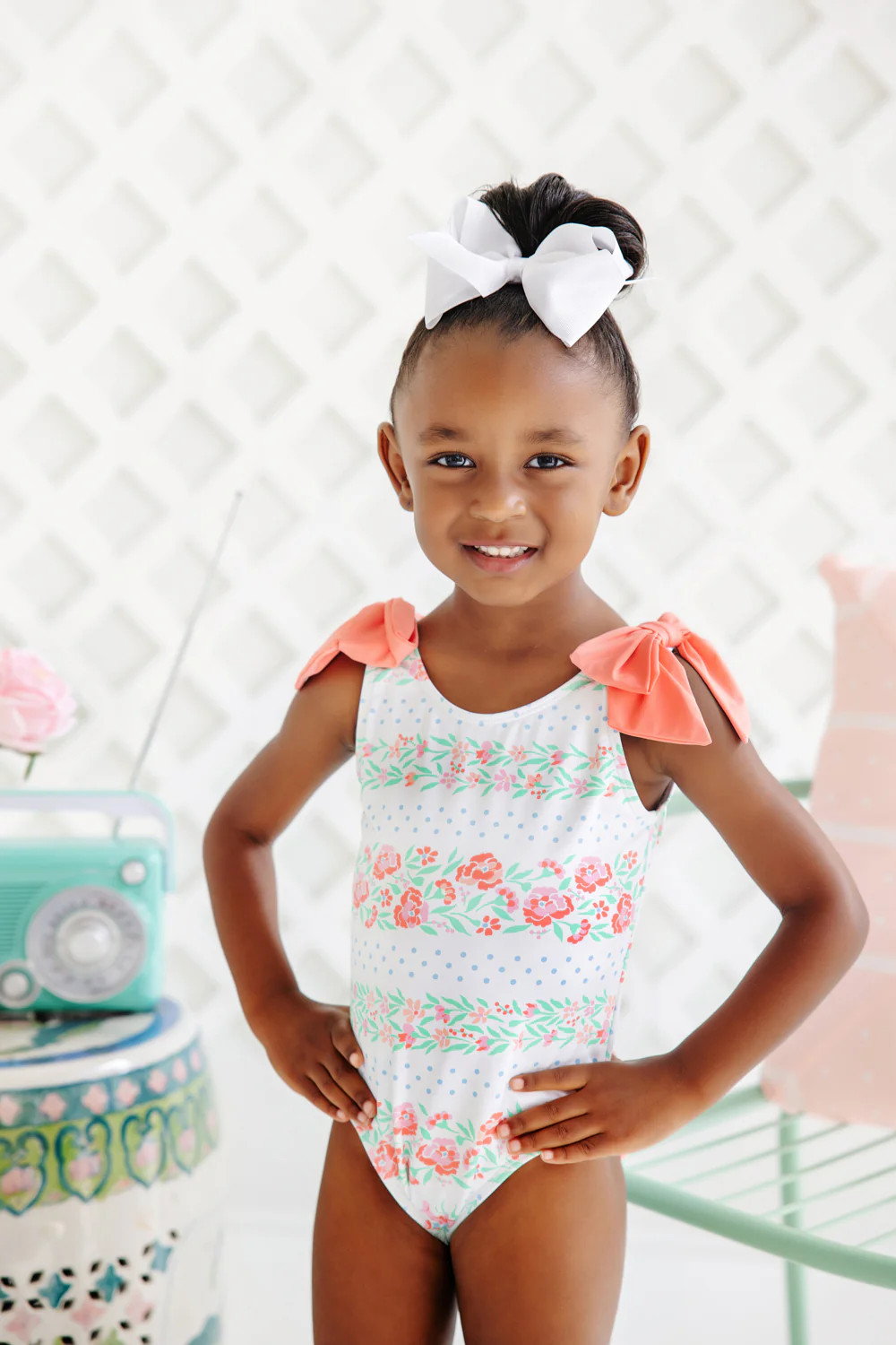 Edisto Beach Bathing Suit - Gasparilla Garlands with Parrot Cay Coral Bows | The Beaufort Bonnet Company