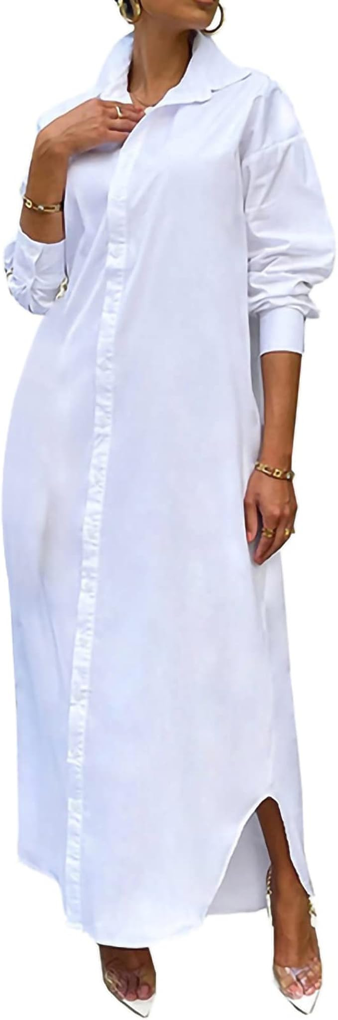 Rouyamiao Women Shirt Dresses Long Sleeve Distressed Jean Dress Button Down V Neck Casual Dress S... | Amazon (UK)