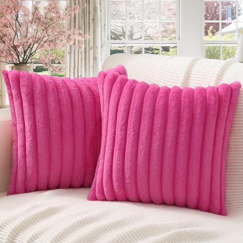 Pallene Faux Fur Plush Throw Pillow Covers 18x18 Set of 2 - Luxury Soft Fluffy Striped Decorative Pillow Covers for Sofa, Couch, Living Room - Hot Pink | Amazon (US)