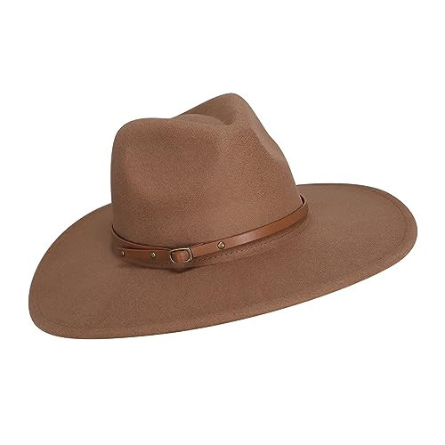 Fedora - Women's Fashionable Wide Brim Hat - Belt Buckle Hats for Women - Sun - Cowgirl - Cowboy - Felt - Beach Fawn | Amazon (US)