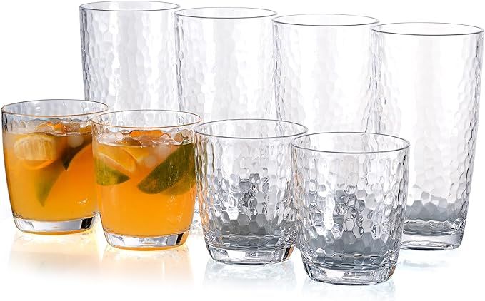 Hammered 15-ounce and 26-ounce Plastic Tumbler Acrylic Glasses, set of 8 Clear | Amazon (US)