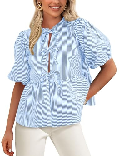 PRETTYGARDEN Women's Tie Front Striped Shirt 2025 Summer Trendy Fashion Cute Babydoll Tops Peplum Puffy Sleeve Blouse (Light Blue,Medium) | Amazon (US)