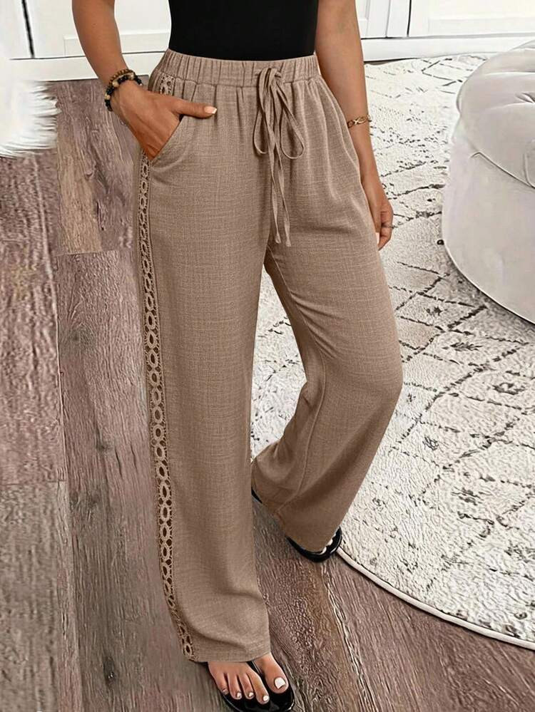 EMERY ROSE Women's Denim Effect Linen Blend Pants With Lace Hem Fall Cloth For Women | SHEIN