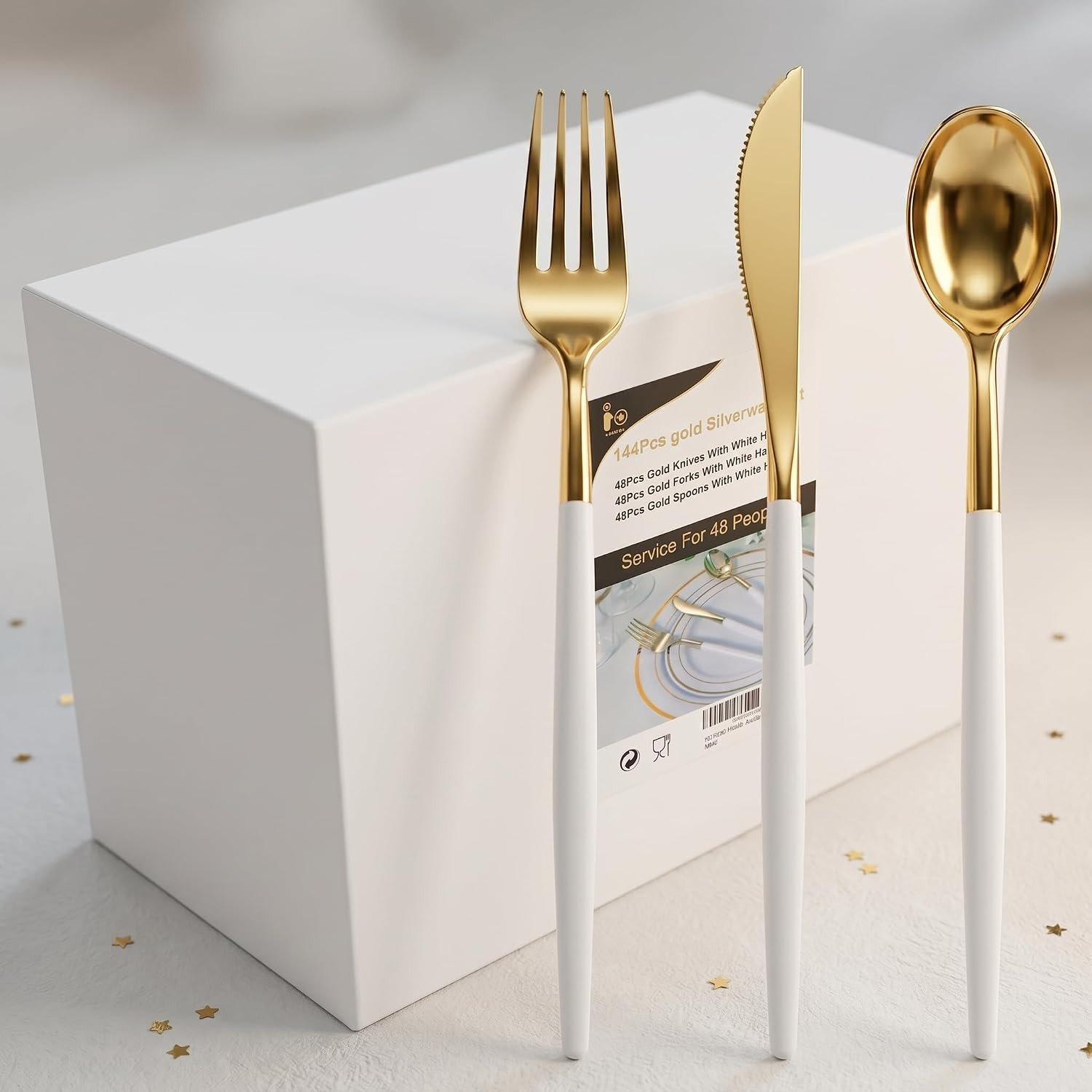 144 Gold Plastic Silverware, Disposable Silverware with White Handle | Amazon (US)