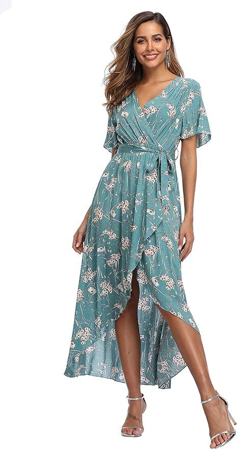 VintageClothing Women's Wrap V Neck Floral Summer Dresses High Low Maxi Casual | Amazon (US)