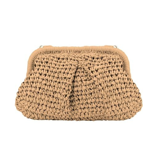 Beach Chic Women's Raffia Straw Dumpling Clutch Stylish Summer Vacation Crossbody Bag Rattan Purse (Khaki) | Amazon (US)