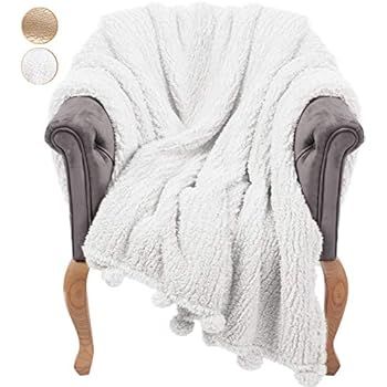 GREEN ORANGE Throw Blanket for Couch - 60x80, Ivory White with Pom Poms - Fuzzy, Fluffy, Plush, S... | Amazon (US)