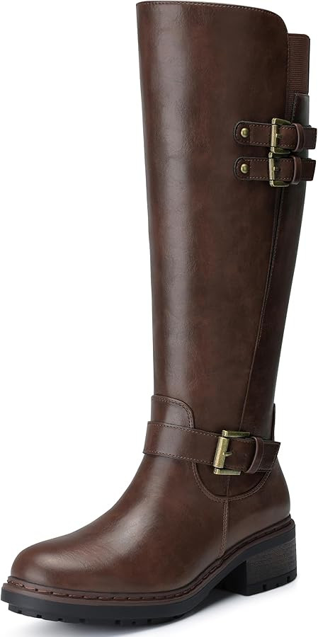 SHIBEVER Women's Knee High Boots: Round Toe Side Zipper Motorcycle Riding Boots - Low Block Heel ... | Amazon (US)