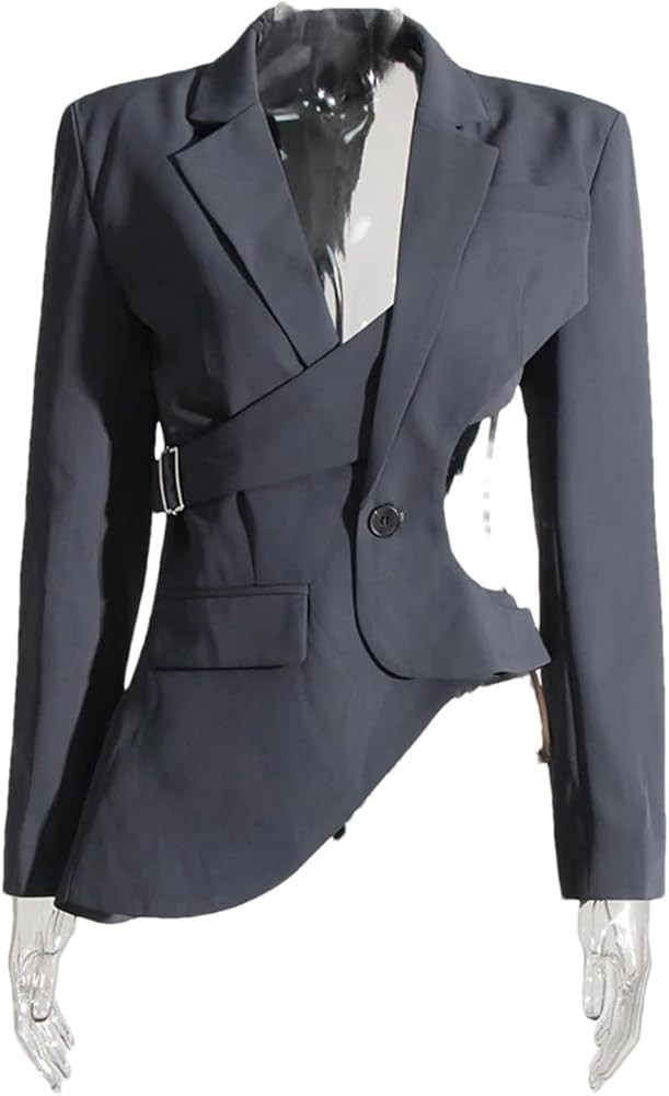 Women's Hollow Backless Blazer Notched Collar Patchwork Button Irregular Blazer | Amazon (US)