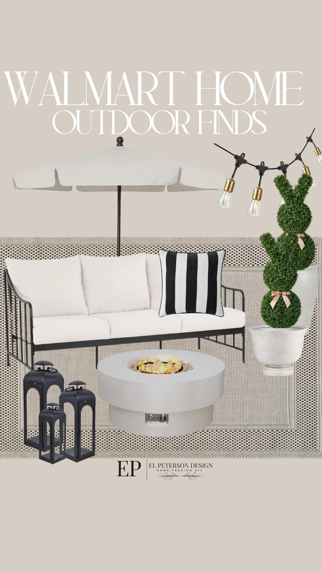 Walmart
Outdoor love seat
Fire pit
Floor lantern
Topiary 
Planters
Pillow
String Lights
Outdoor umbrella 
Rug 

#LTKHome