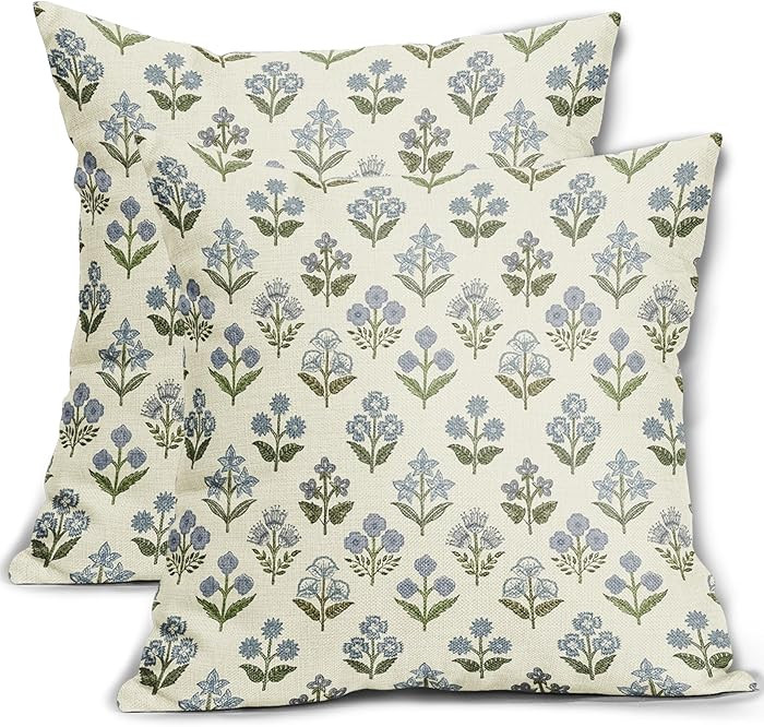 Blue Green Block Print Pillow Covers 18x18 Inch Set of 2, Vintage Floral Spring Decorative Throw ... | Amazon (US)