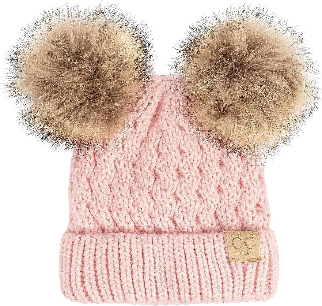 Funky Junque Girls Hat Kids Beanie Double Pom Pom Faux Fur Soft Warm Winter Knit Cap | Amazon (US)